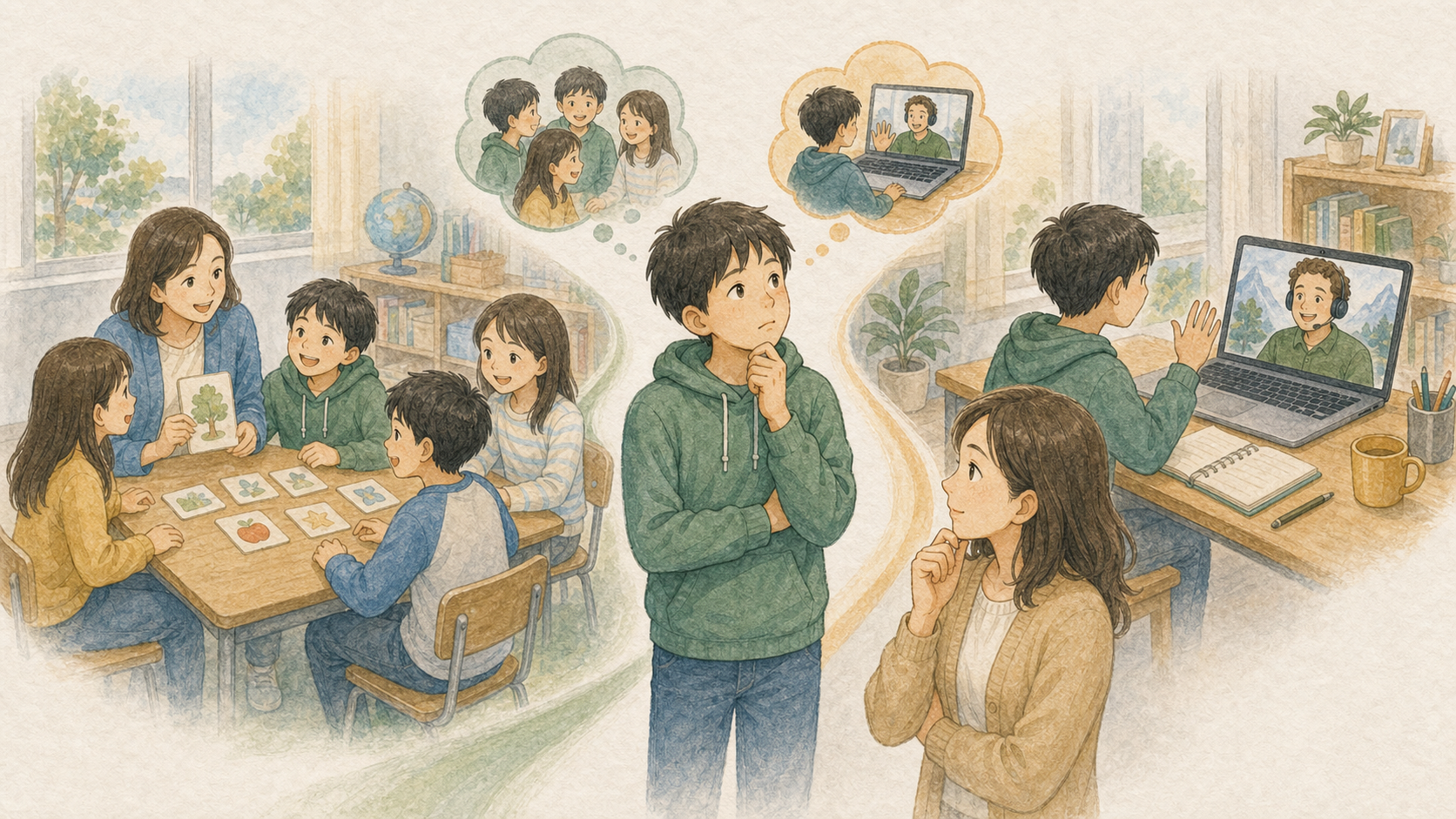友達と学ぶ通学型の子ども英語教室と、講師と1対1で話すオンライン英会話を親子で比較するイラスト