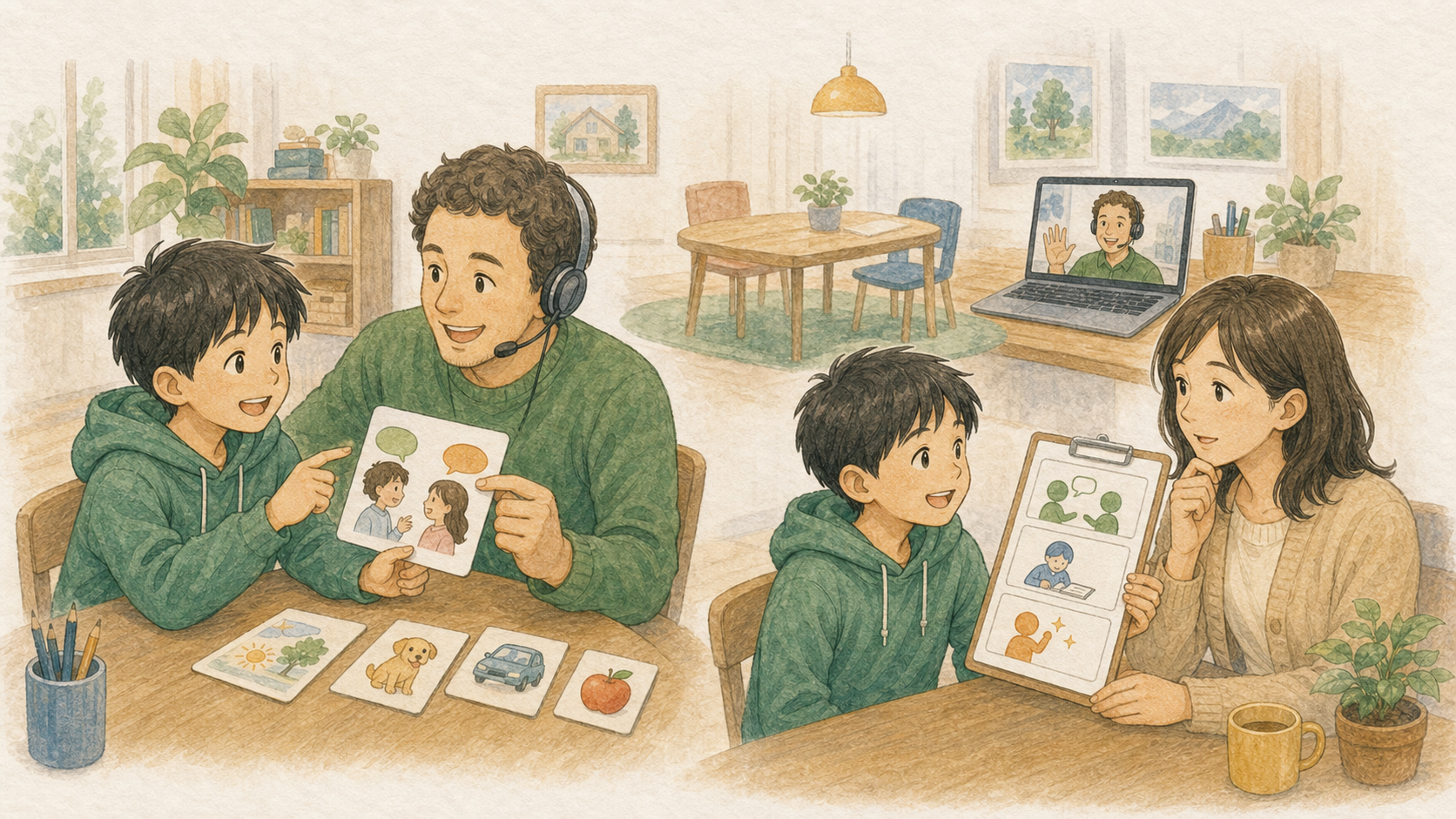 子ども英語の無料体験で、子どもが楽しそうに参加できるか、授業が家庭の目標に合うかを保護者と先生が確認するイラスト