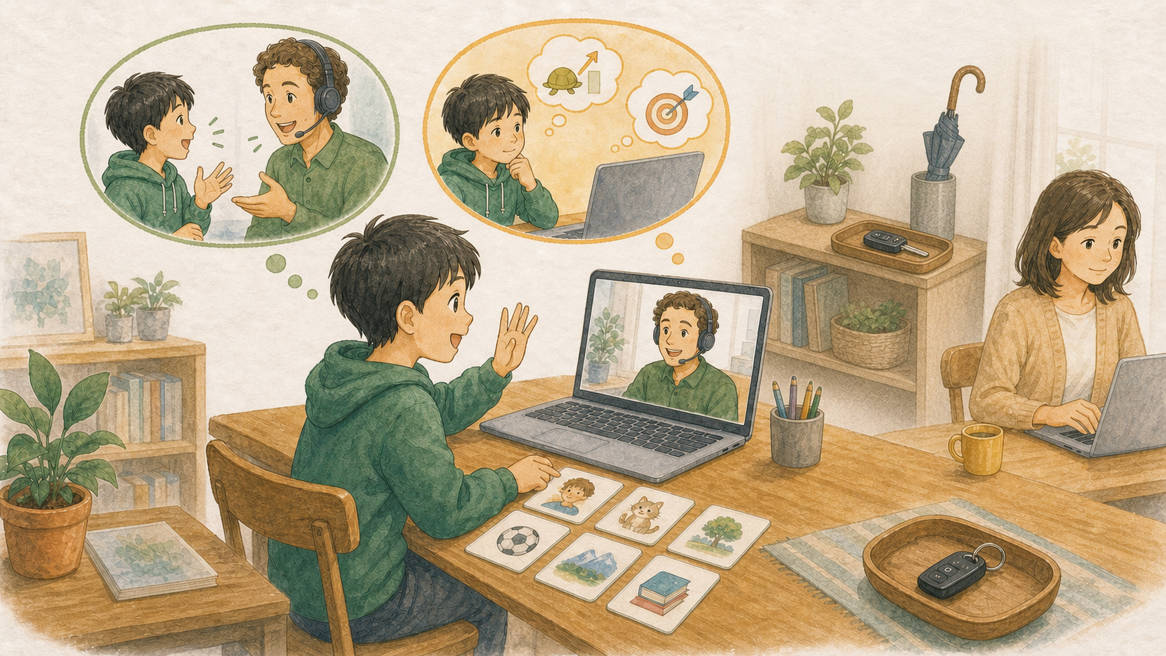 子どもがオンライン英会話で話す時間を増やし、目標やペースに合う教材を選び、送迎なしで自宅から学ぶイラスト
