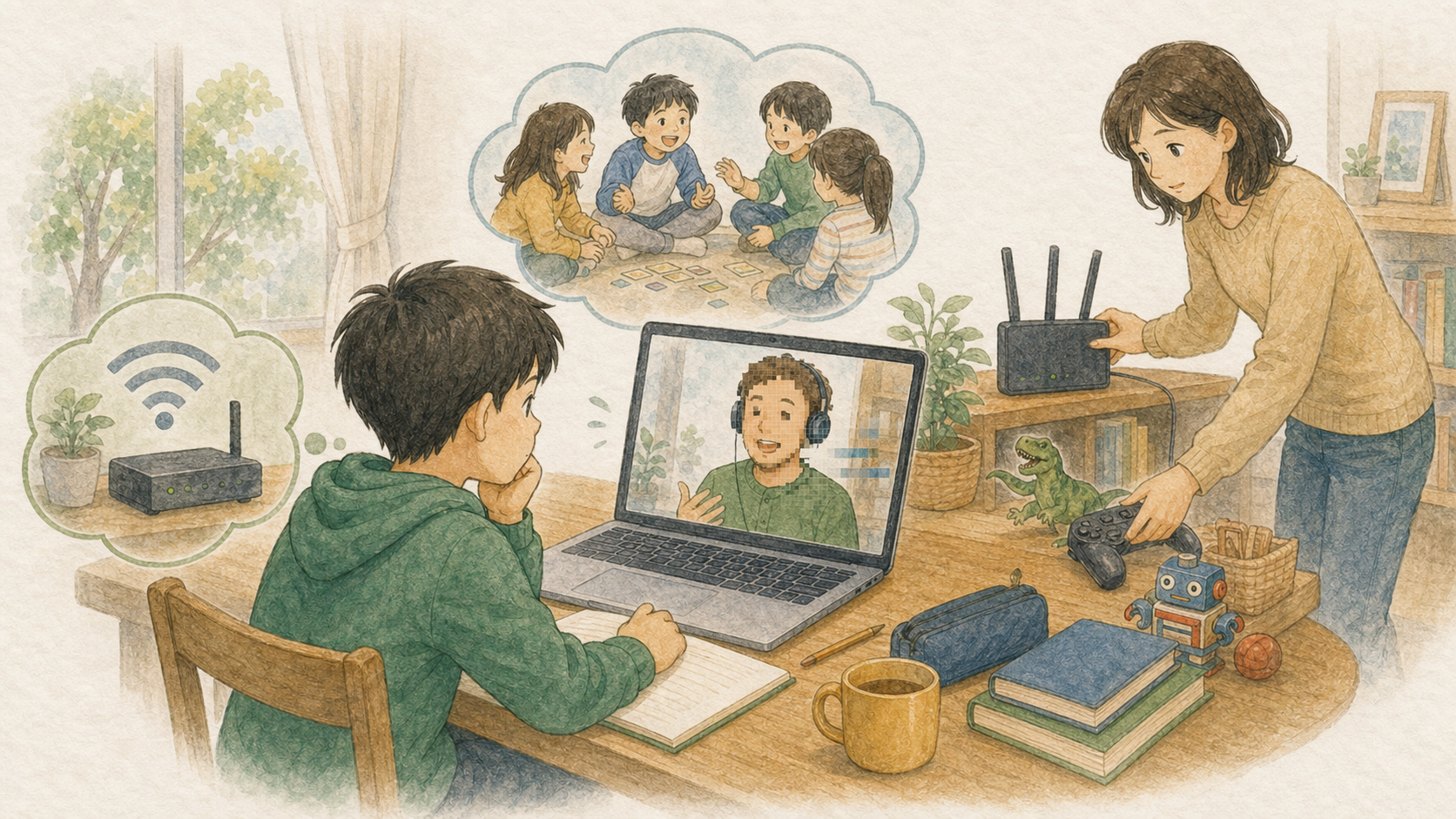 オンライン英会話を受ける子どもの通信状態を保護者が確認し、机のおもちゃを片付けて集中できる環境を整えるイラスト