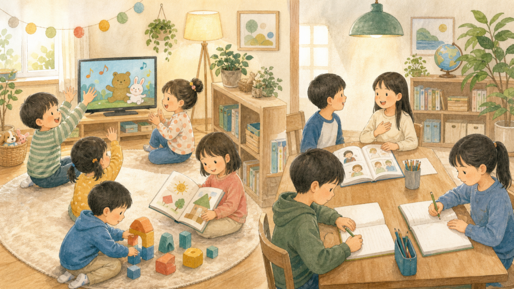低学年が歌や動画、絵本で英語を楽しみ、高学年が意味を理解しながら読み書きや会話を学ぶイラスト