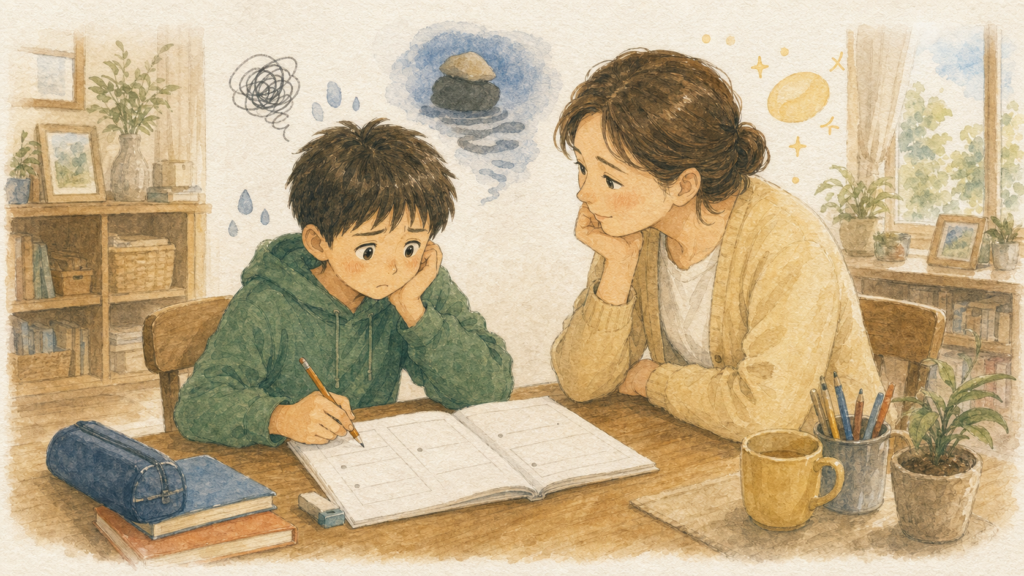 宿題をやらないのはやる気がないからと決めつけず、最初の問題で手が止まった子どもに保護者が寄り添うイラスト