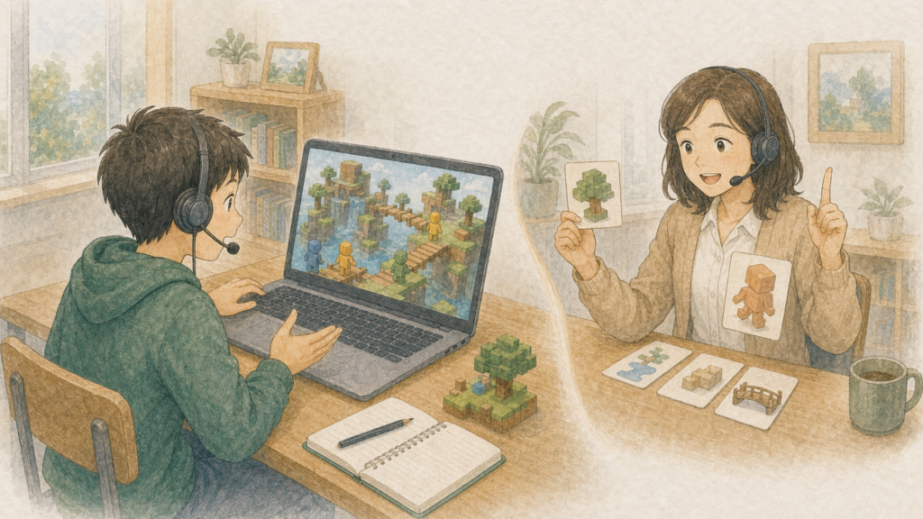 ブロック建築や協力型ゲームを使い、日英バイリンガル講師と1対1で英語を話して表現を復習する子どものイラスト