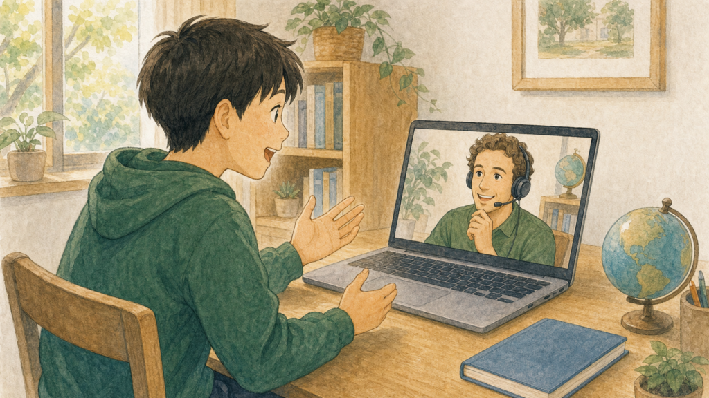 周りの生徒を気にせず、自宅から外国人講師と1対1で会話し、自分のペースで英語を話す中学生のイラスト