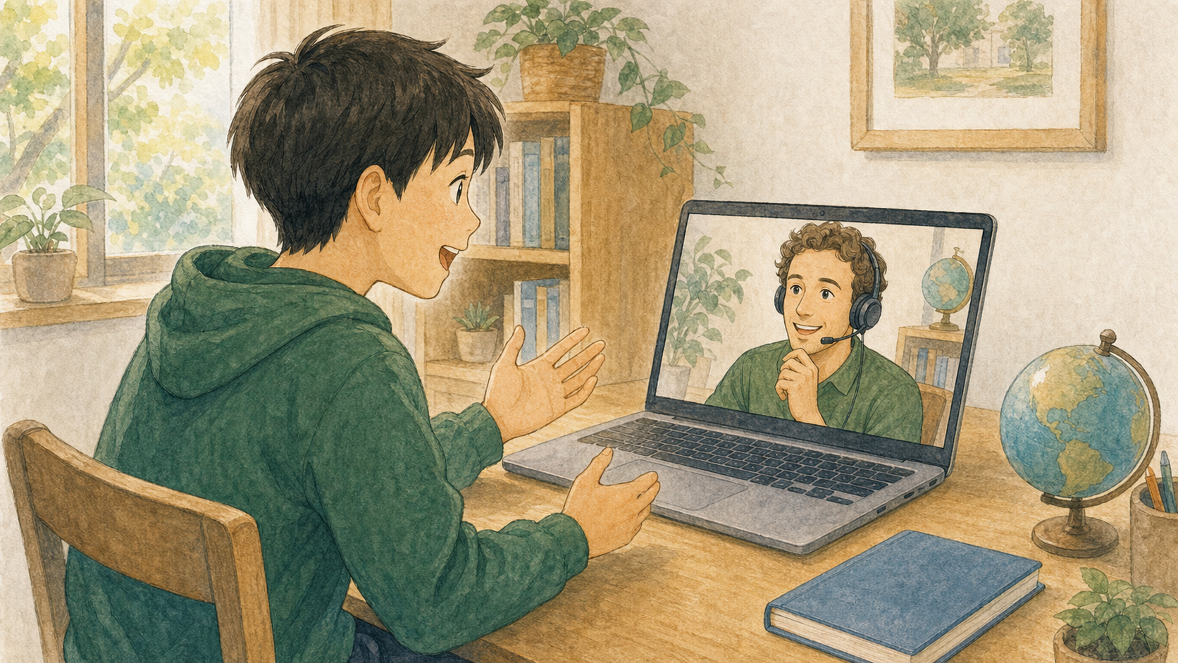 周りの生徒を気にせず、自宅から外国人講師と1対1で会話し、自分のペースで英語を話す中学生のイラスト