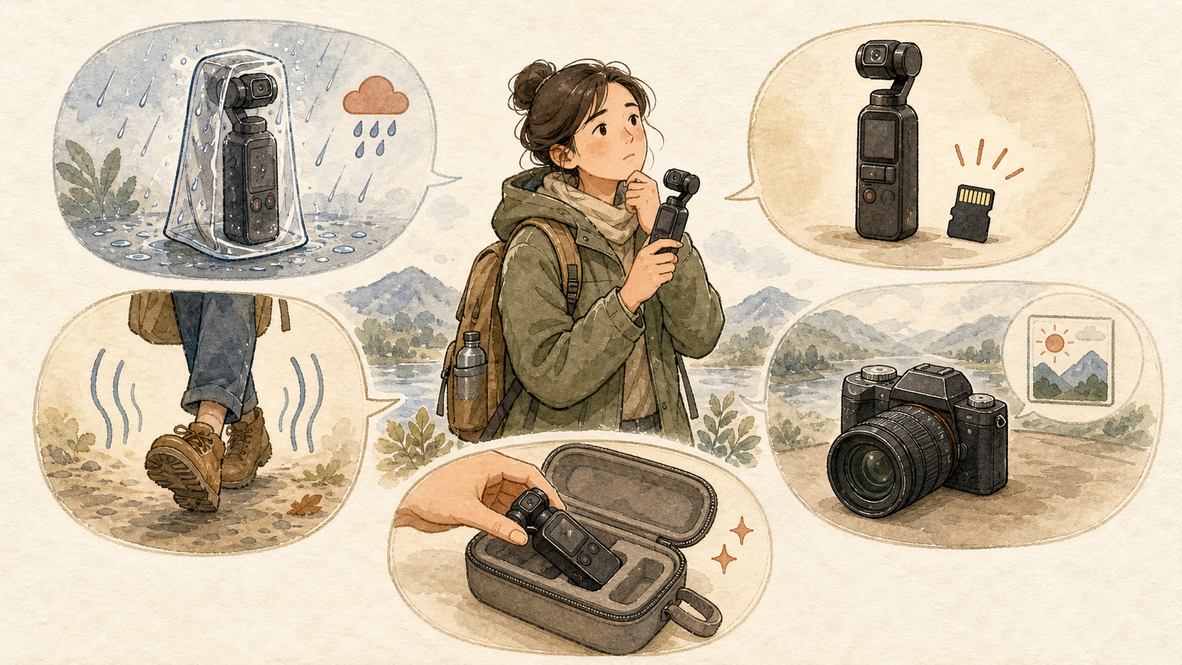 小型ジンバルカメラの非防水、microSDカード必須、歩行時の上下動、静止画の限界、ジンバル保護を示すイラスト