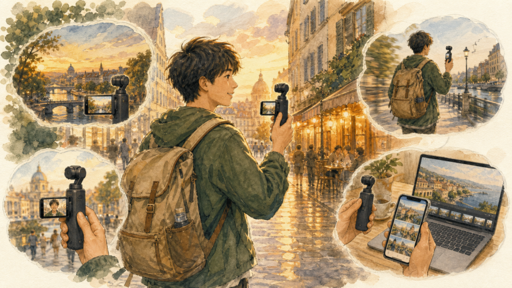 小型ジンバルカメラで街を歩きながら、映画風の旅行Vlogを撮影する男性のイラスト