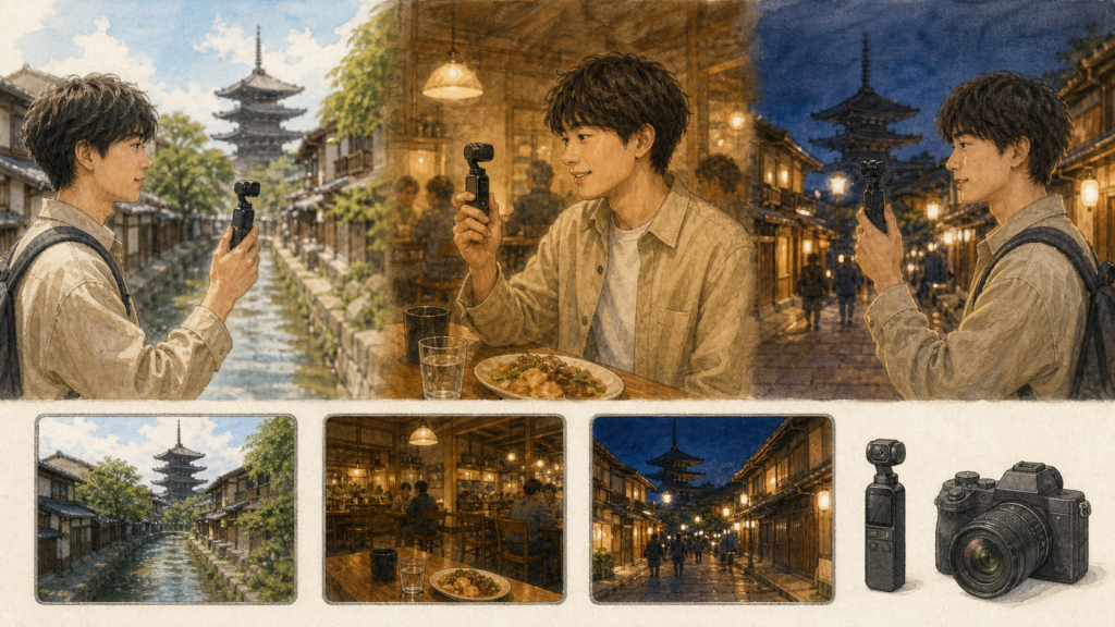 小型ジンバルカメラで昼の屋外、暗い飲食店、夜の街を撮影した画質を比較するイラスト