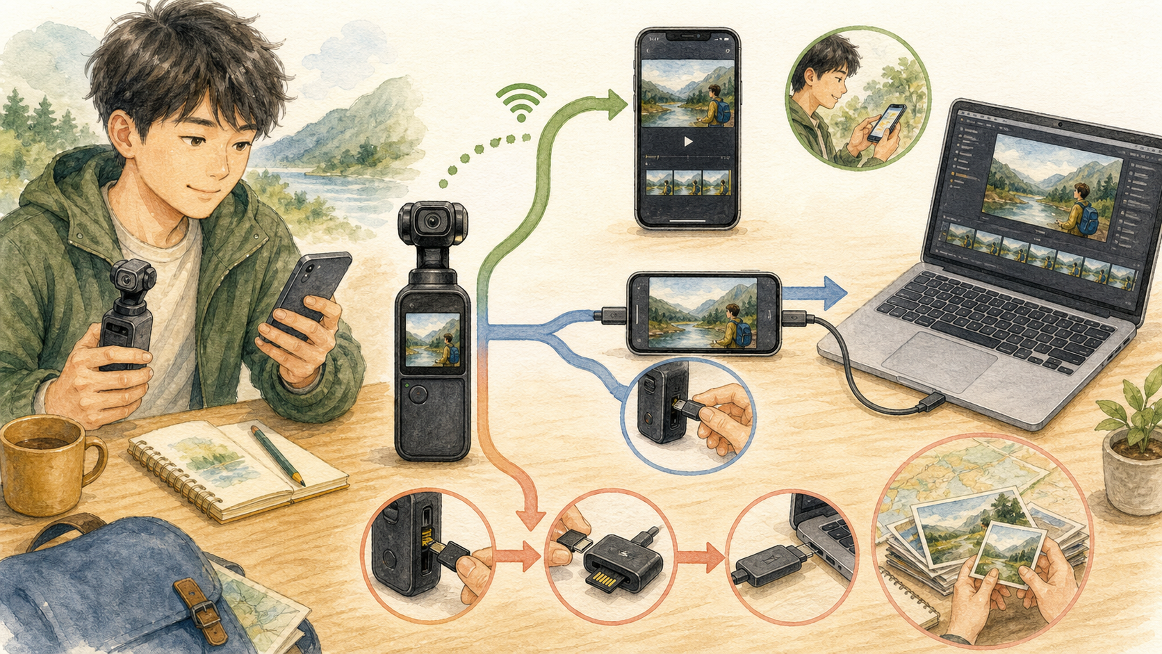 小型ジンバルカメラの動画を、無線、USB-Cケーブル、microSDカードでスマートフォンとノートパソコンへ転送するイラスト