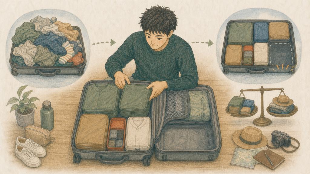 衣類を用途別のパッキングキューブへ分け、スーツケース内に帰国時の余白を作る男性のイラスト