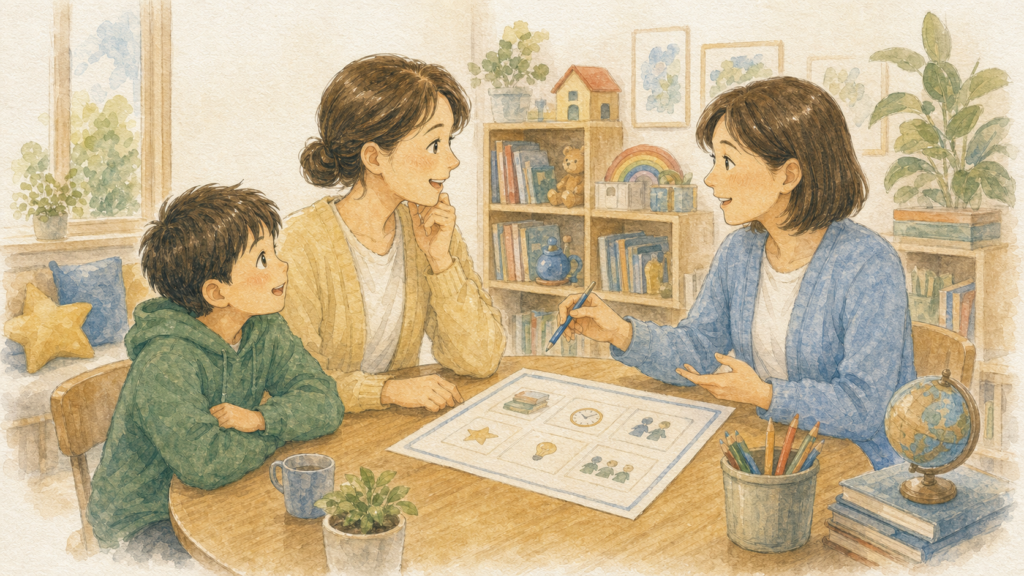 家庭だけで宿題や英語学習を管理せず、子どもも交えて英語教室の先生へ学び方を相談する保護者のイラスト