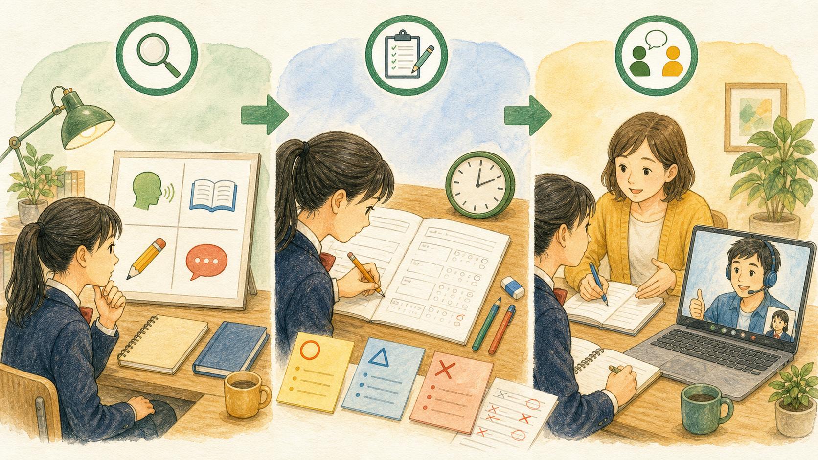 高校生が苦手技能を確認し、過去問の間違いを復習して、対面の先生やオンライン講師に相談するイラスト