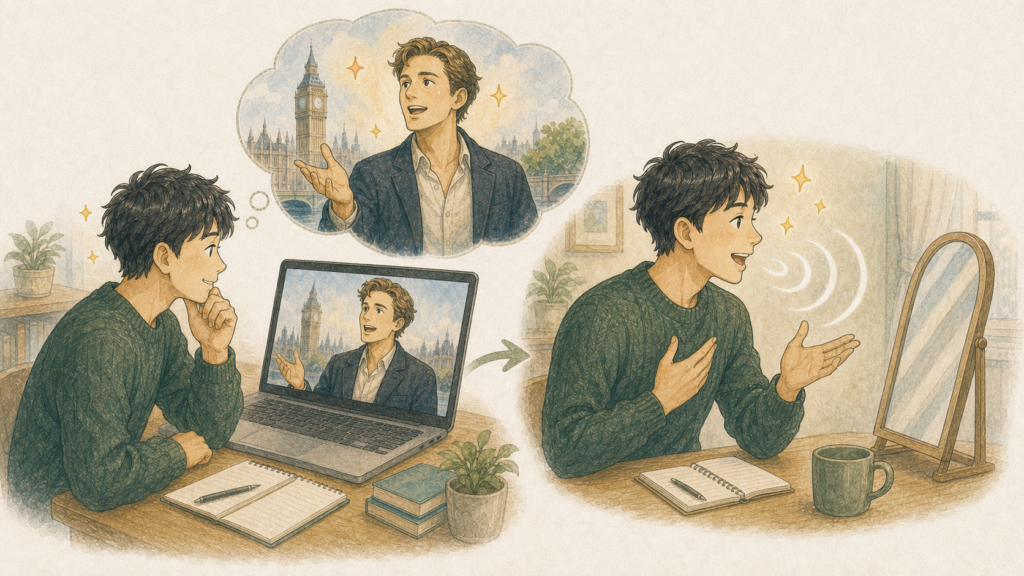 海外の話し手に憧れた男性が、動画を見たあと鏡に向かって英語の発音を練習するイラスト