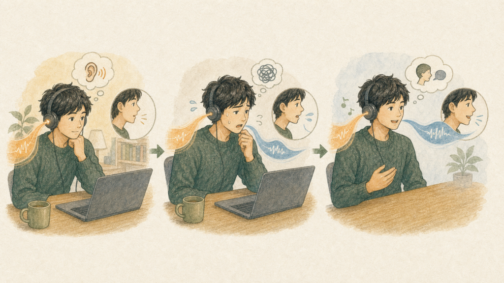 英語音声は理解できても口が追いつかない経験から、自分の課題がスピーキングにあると気づく男性のイラスト