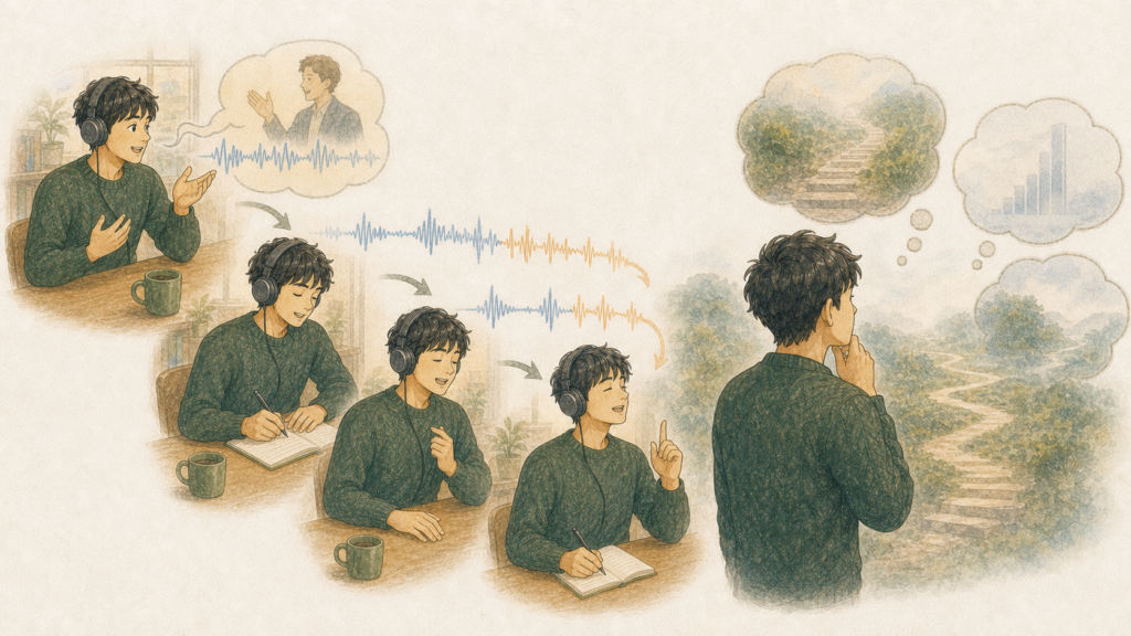 留学中に毎日シャドーイングを続けても、発音の進歩を客観的に確認できず不安を感じる男性のイラスト