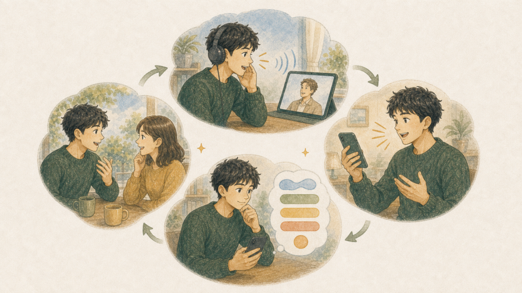 シャドーイング、発音アプリの確認、弱点の練習、実際の会話を循環させる英語学習のイラスト