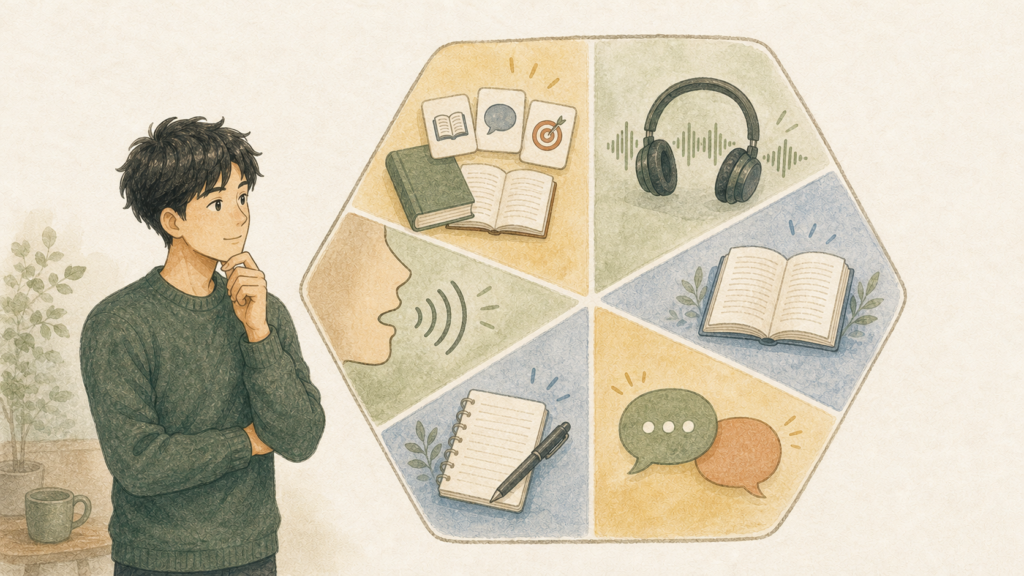 文法と単語、リスニング、リーディング、スピーキング、ライティング、発音の6技能が六角形を形作るイラスト