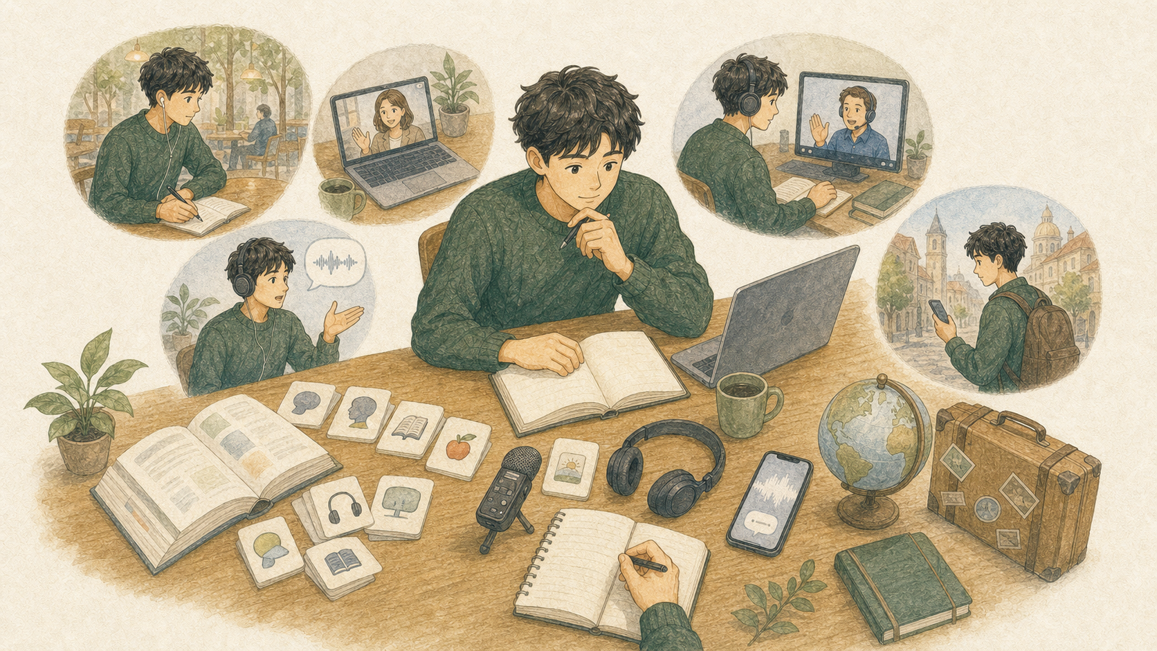 文法書、単語カード、動画、音声、録音、英語日記、オンライン英会話、留学など多様な英語勉強法を試す男性のイラスト