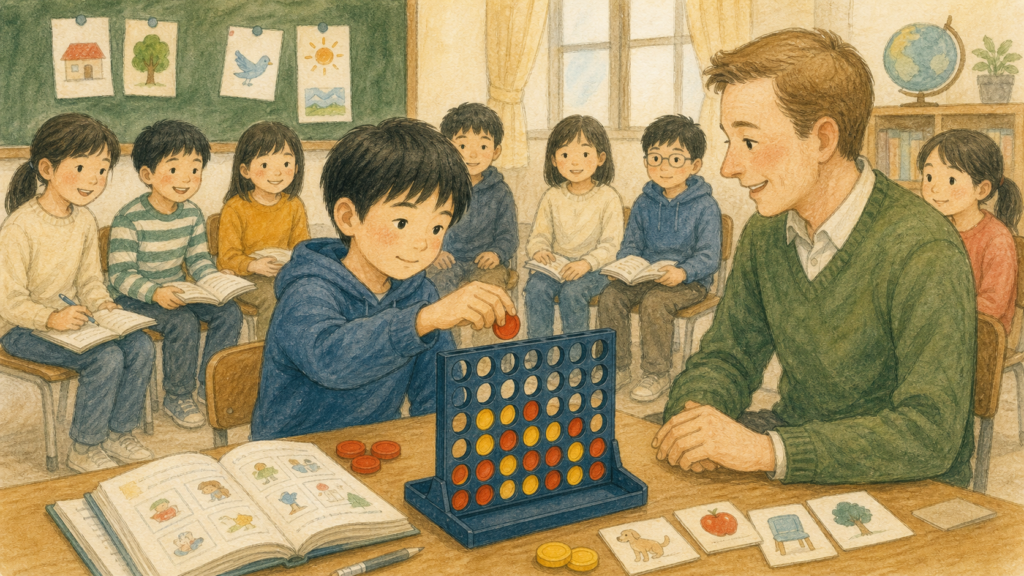 小学6年生の男の子が英語教室で先生と四目並べを楽しみ、教材や会話に触れるイラスト