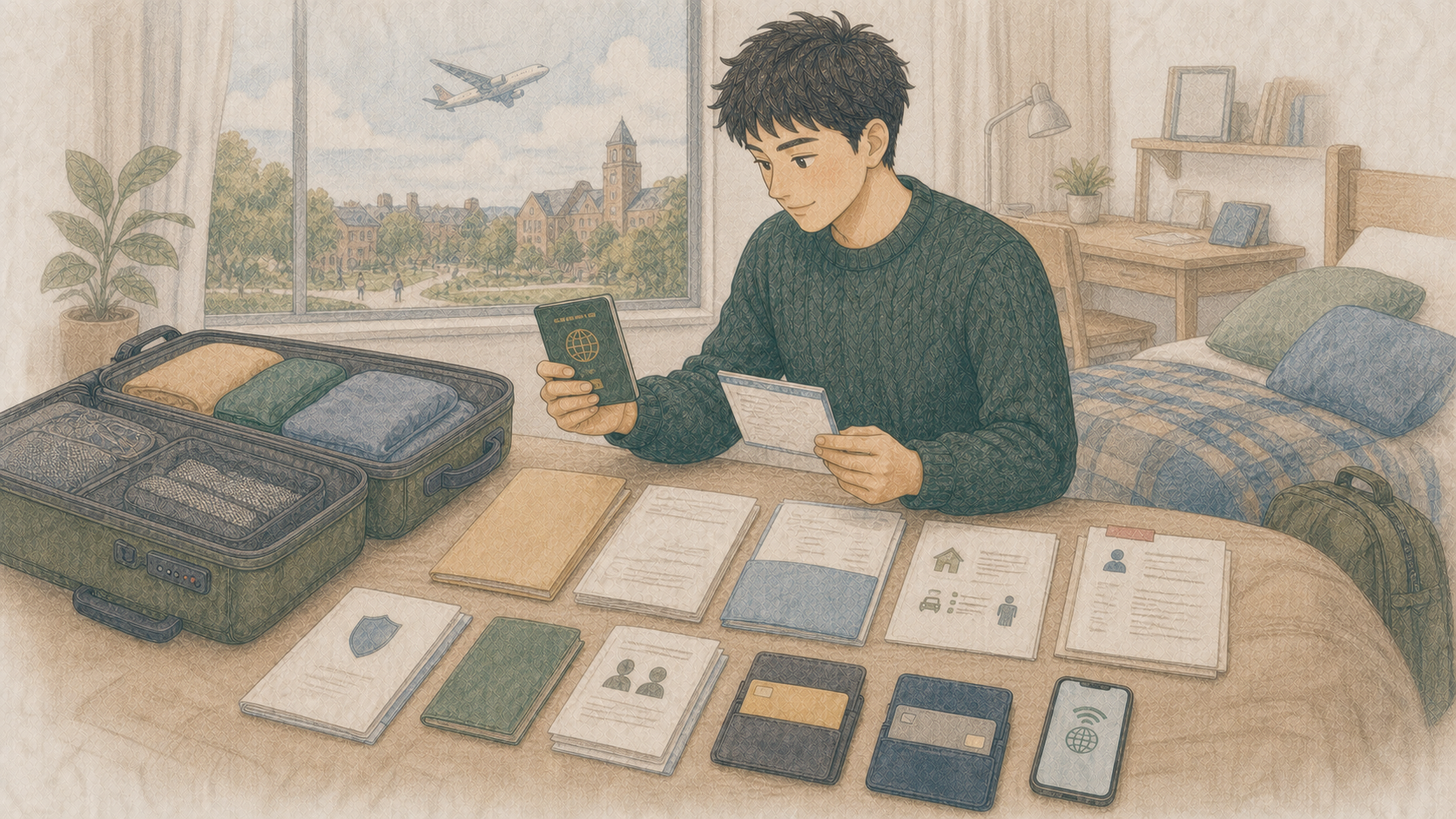 パスポート、留学書類、予備カード、海外留学保険、eSIMを紙とスマートフォンの両方で確認する学生のイラスト