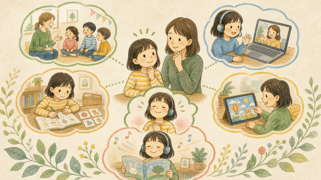 英語教室、オンライン英会話、教材、アプリ、絵本と音声の中から、親子が続けやすい学習方法を選ぶイラスト