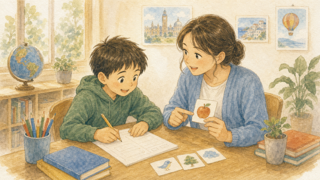 英語教室の先生が学校の文法プリントを分かりやすく説明し、子どもが一緒に宿題を進めるイラスト