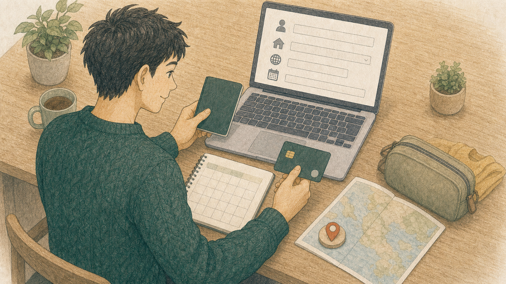 パスポート情報、住所、渡航先、補償開始日、支払い用カードを準備してオンライン保険へ申し込む男性のイラスト