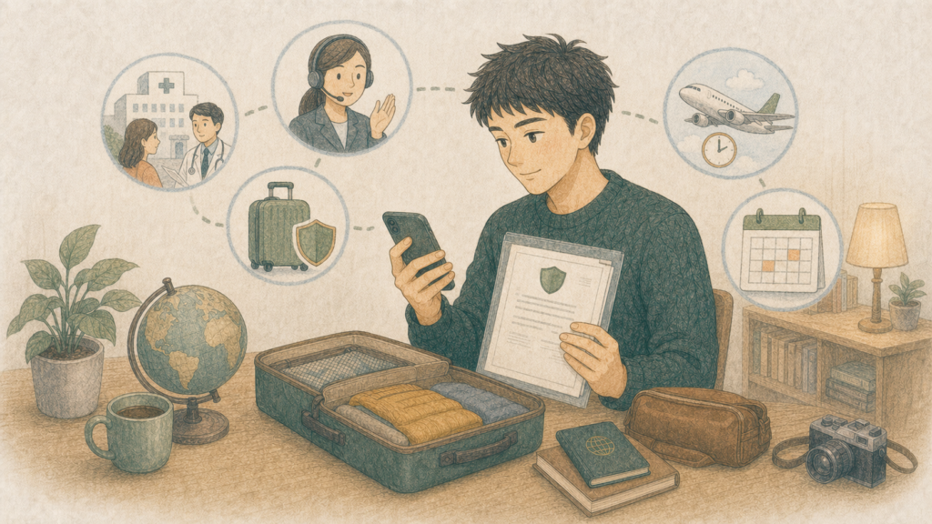 海外旅行保険の期間、治療、救援、携行品、航空便遅延、連絡先をスマートフォンと紙で確認する男性のイラスト