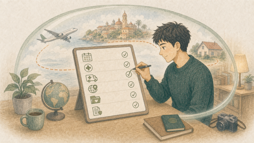旅行期間、治療費、緊急移送、補償地域、既往症、保険証明書を確認し、旅行全体に補償の空白がないか最終確認する男性のイラスト