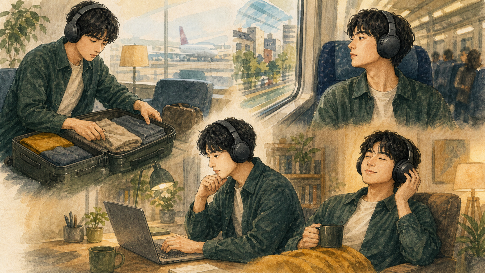 国内外の移動、電車、パソコン作業、音楽鑑賞でWH-1000XM5を使う男性のイラスト