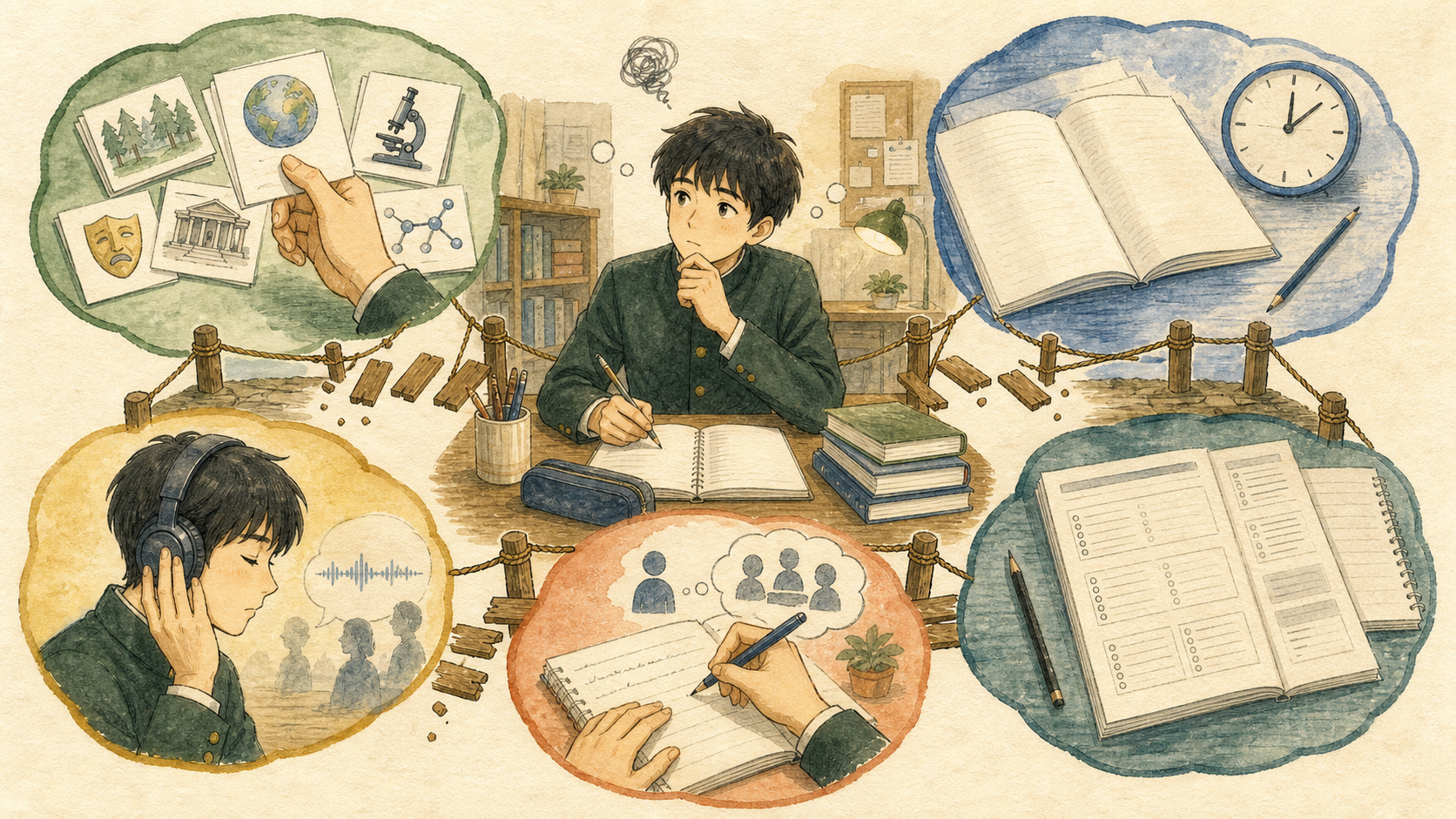 高校生が英検準2級の単語、長文読解、リスニング、英作文、過去問対策の不足を振り返るイラスト