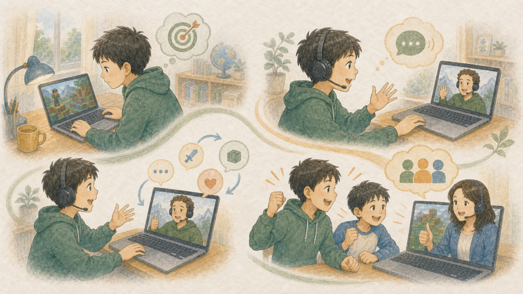 ゲームへの集中力、仲間へ伝える目的、短い英語の反復、家族との協力が英語を使う場面につながるイラスト
