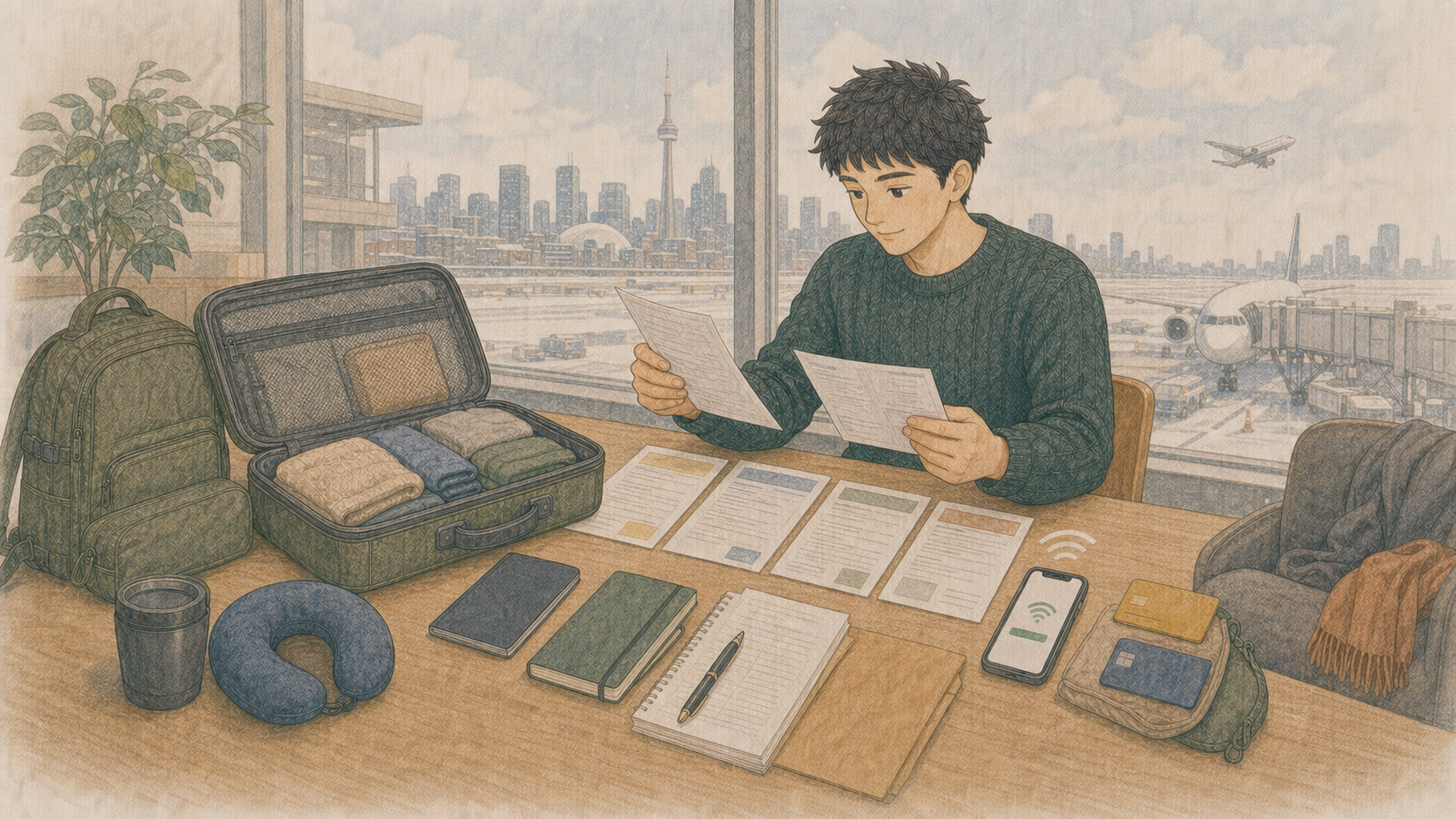 パスポートとワーホリ書類、保険、残高確認書類、滞在先、予備カード、eSIMを出発前に確認する男性のイラスト